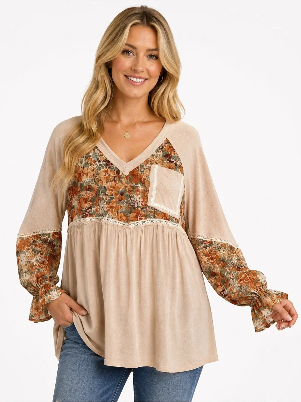 POL Size Small Oversized Boho Floral Patchwork V-Neck Tunic Top - Beige